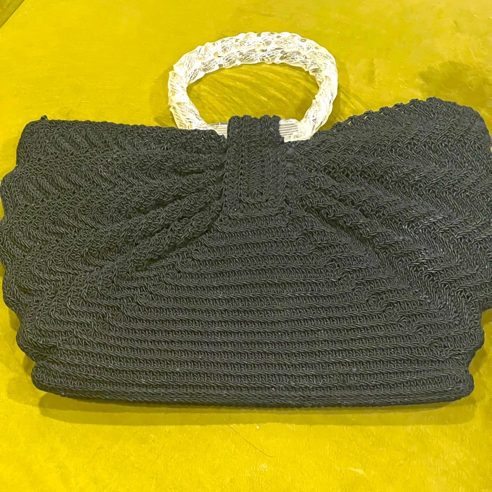 Vintage artisan knit bag with acrylic handles